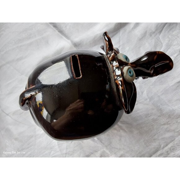 Amazing studio pottery moose piggy bank dark brown with blue eyes - Picture 4 of 9